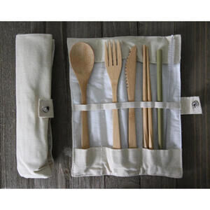 Bamboo Flatware Set, Bamboo Reusable Utensil Set, Khaki Travel Utensils 7pcs